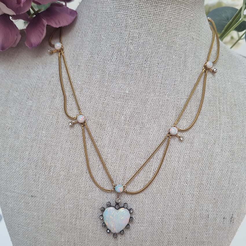 Antique Victorian Opal Heart Diamond Gold Swag Necklace