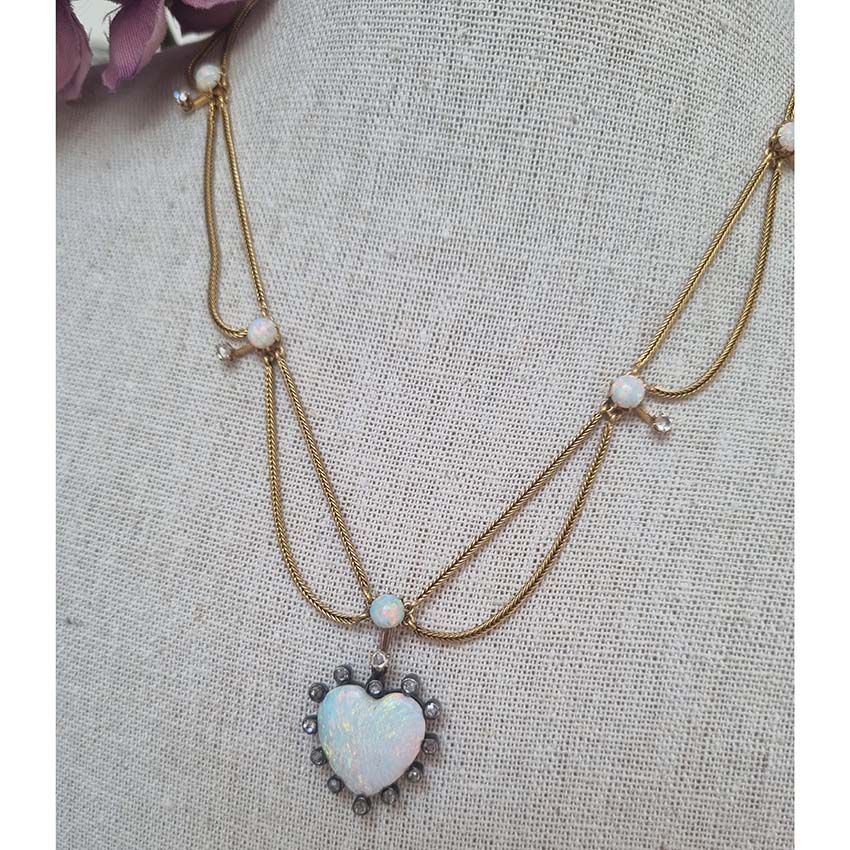 Antique Victorian Opal Heart Diamond Gold Swag Necklace