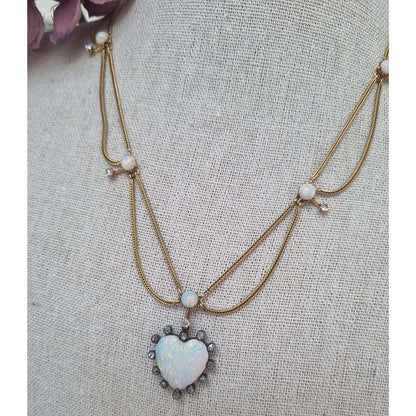 Antique Victorian Opal Heart Diamond Gold Swag Necklace