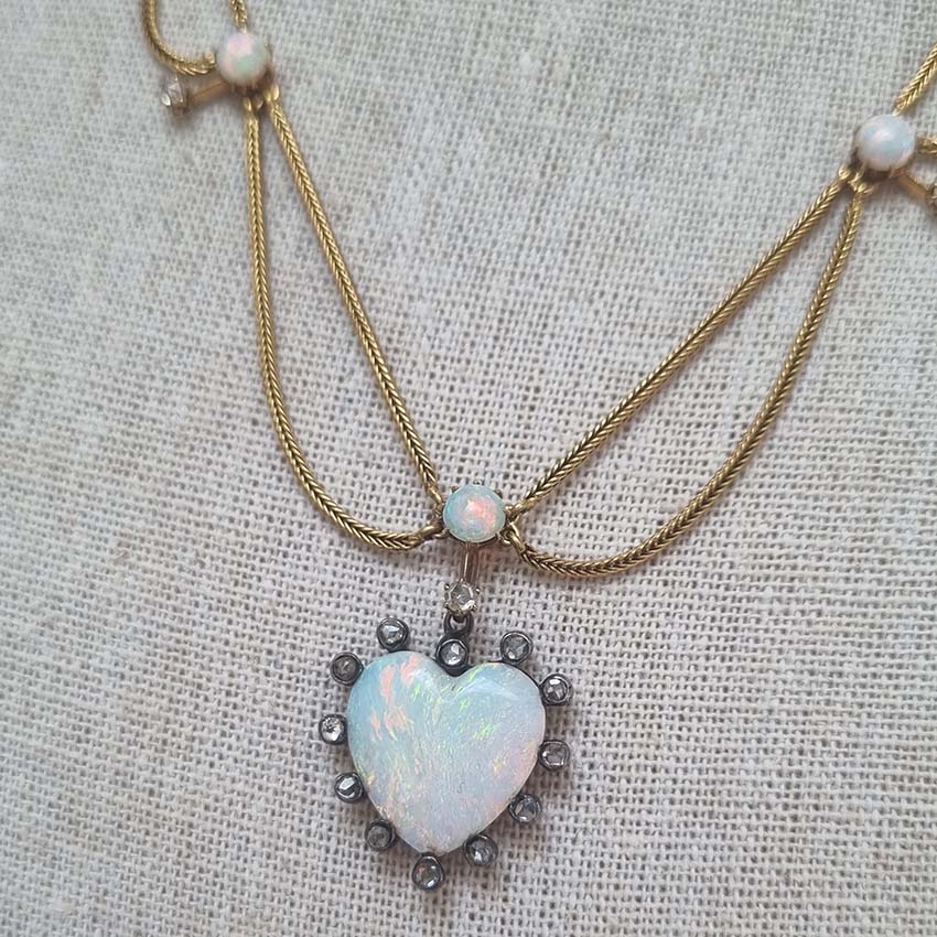 Antique Victorian Opal Heart Diamond Gold Swag Necklace