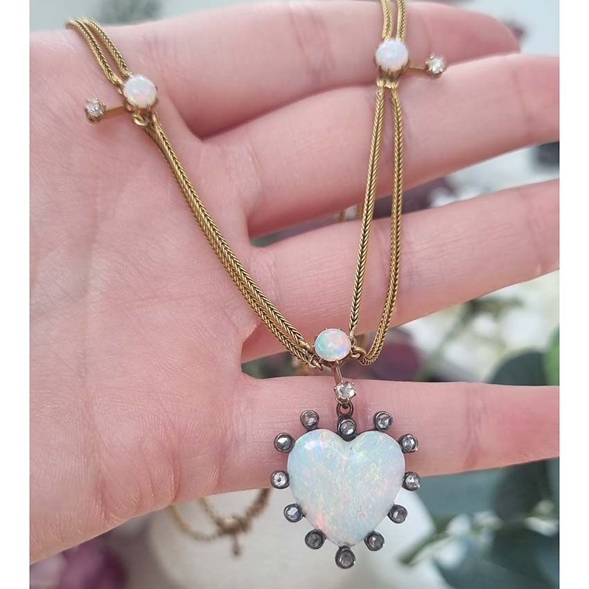 Antique Victorian Opal Heart Diamond Gold Swag Necklace