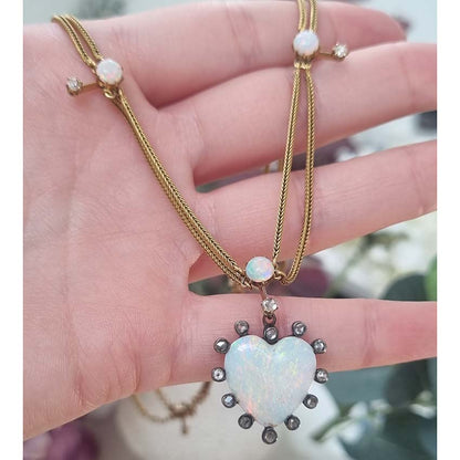 Antique Victorian Opal Heart Diamond Gold Swag Necklace