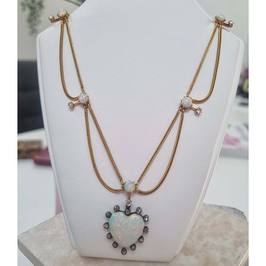 Antique Victorian Opal Heart Diamond Gold Swag Necklace