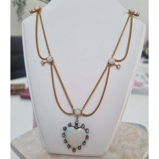 Antique Victorian Opal Heart Diamond Gold Swag Necklace