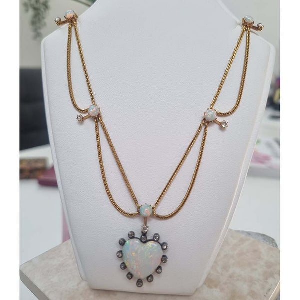 Antique Victorian Opal Heart Diamond Gold Swag Necklace