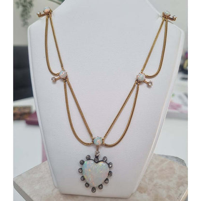 Antique Victorian Opal Heart Diamond Gold Swag Necklace
