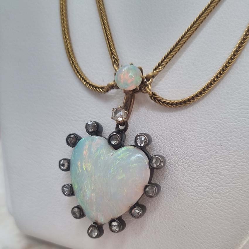 Antique Victorian Opal Heart Diamond Gold Swag Necklace