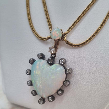 Antique Victorian Opal Heart Diamond Gold Swag Necklace