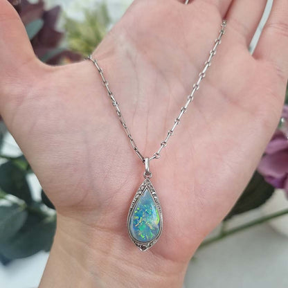 Antique Art Deco Black Opal and Diamond Teardrop Pendant
