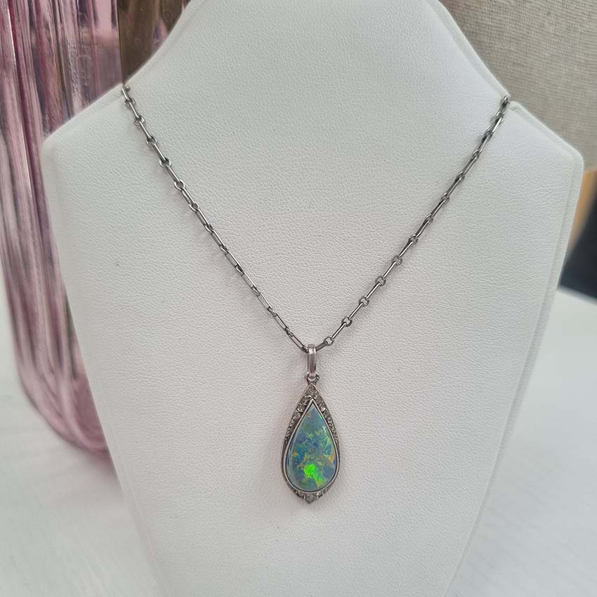 Antique Art Deco Black Opal and Diamond Teardrop Pendant
