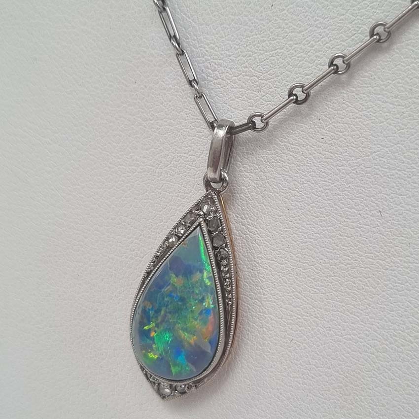 Antique Art Deco Black Opal and Diamond Teardrop Pendant
