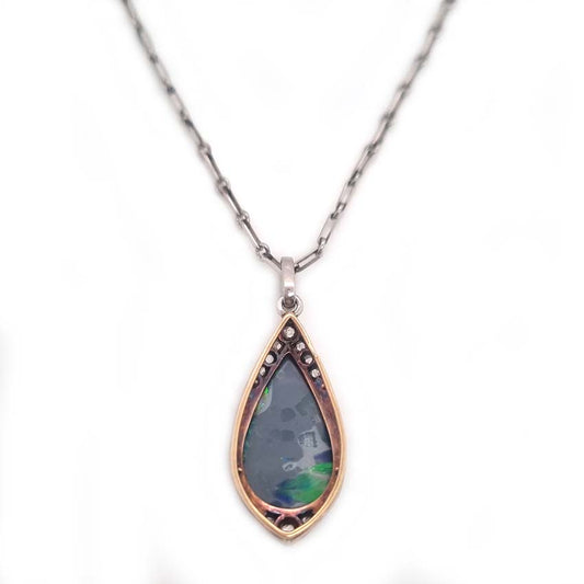 Antique Art Deco Black Opal and Diamond Teardrop Pendant