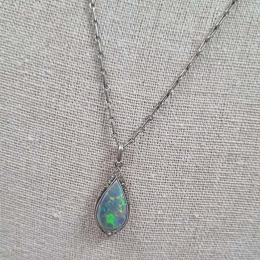 Antique Art Deco Black Opal and Diamond Teardrop Pendant