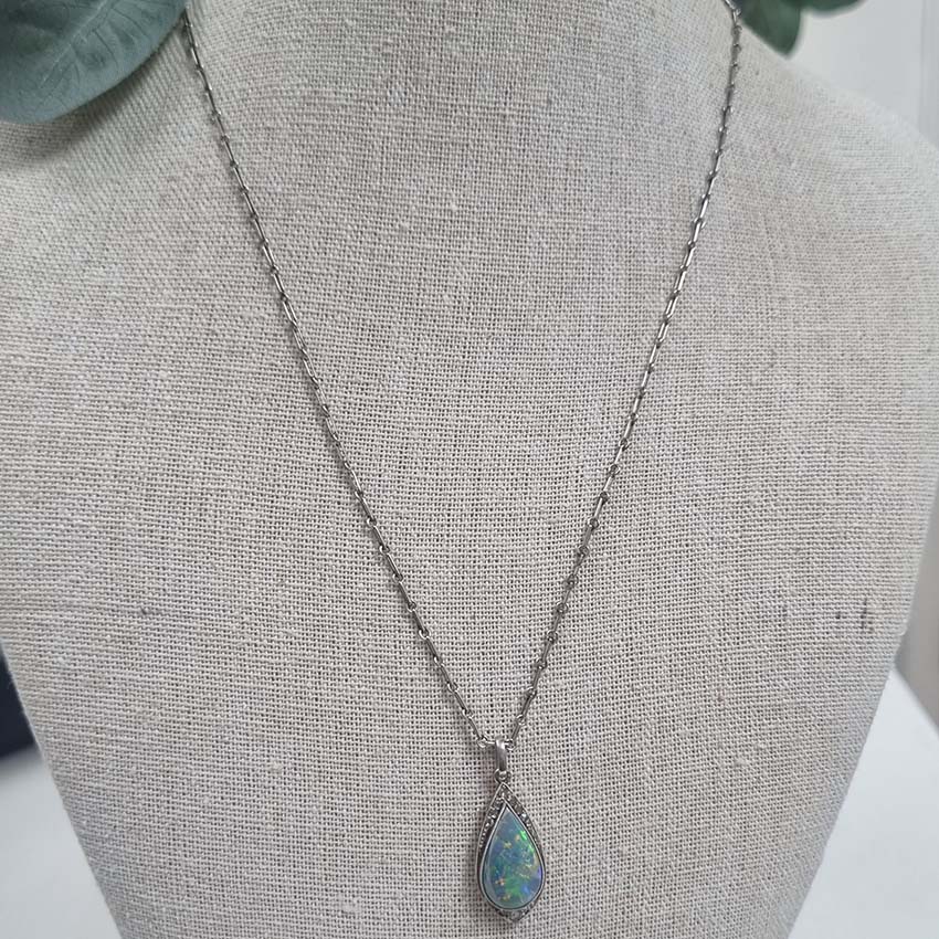 Antique Art Deco Black Opal and Diamond Teardrop Pendant