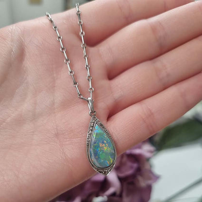 Antique Art Deco Black Opal and Diamond Teardrop Pendant