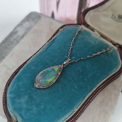 Antique Art Deco Black Opal and Diamond Teardrop Pendant