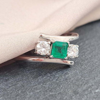 Emerald and Diamond Crossover Three Stone Ring