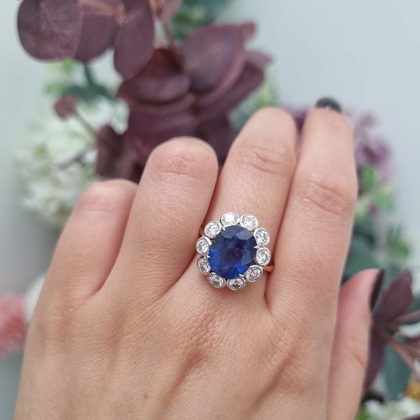 4.62ct Oval Sapphire and Diamond Floral Cluster Engagement Ring