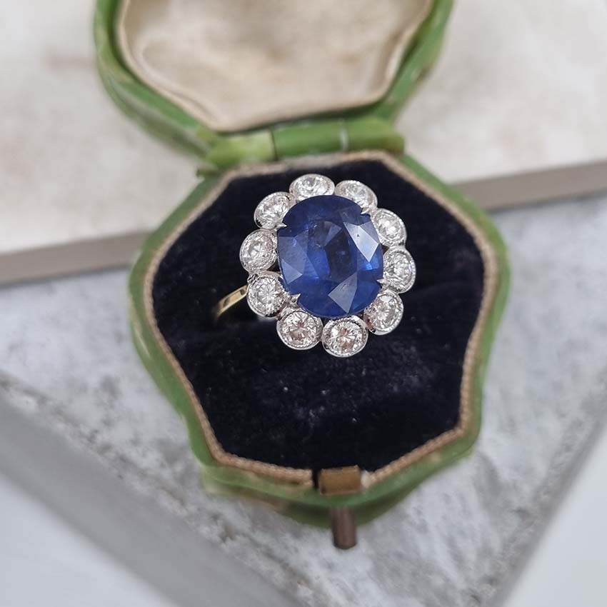 4.62ct Oval Sapphire and Diamond Floral Cluster Engagement Ring