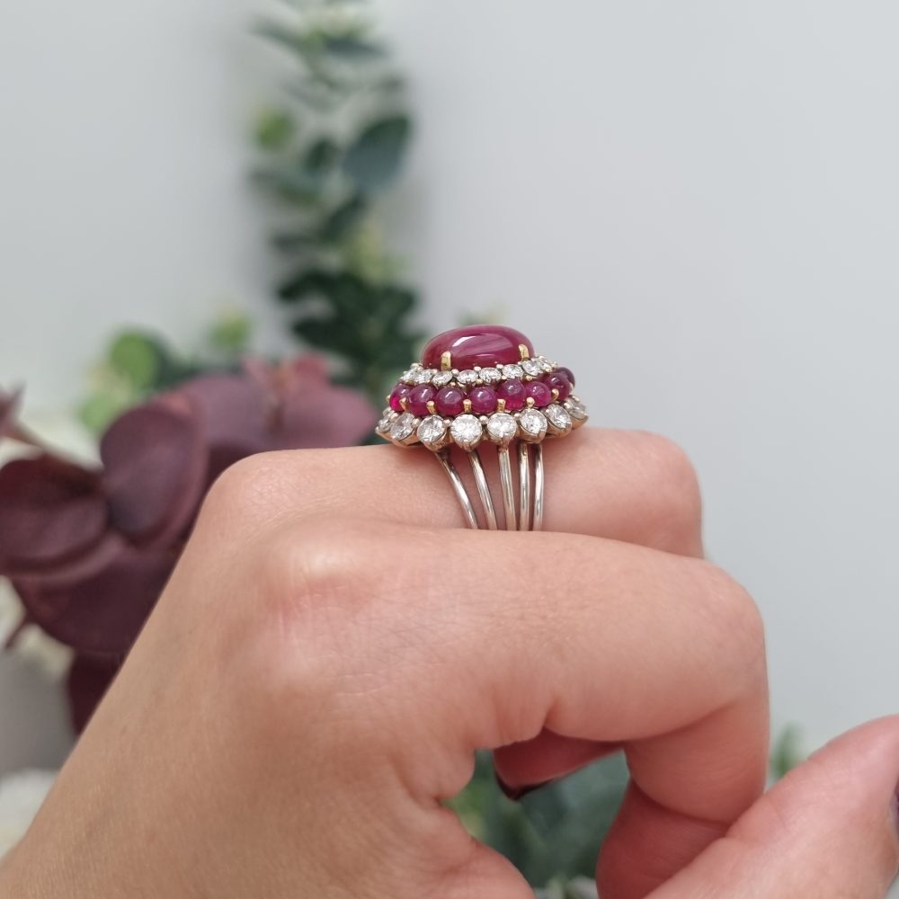Cabochon Ruby and Diamond Cluster Cocktail Ring
