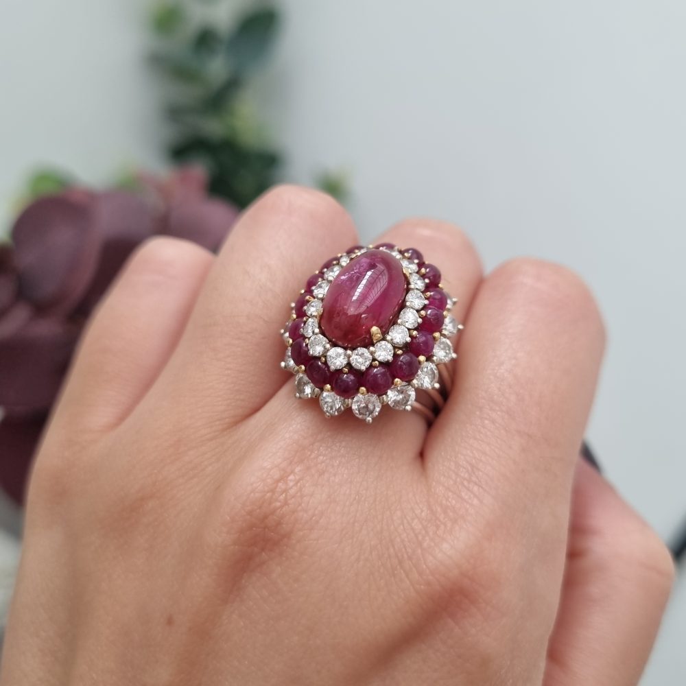 Cabochon Ruby and Diamond Cluster Cocktail Ring