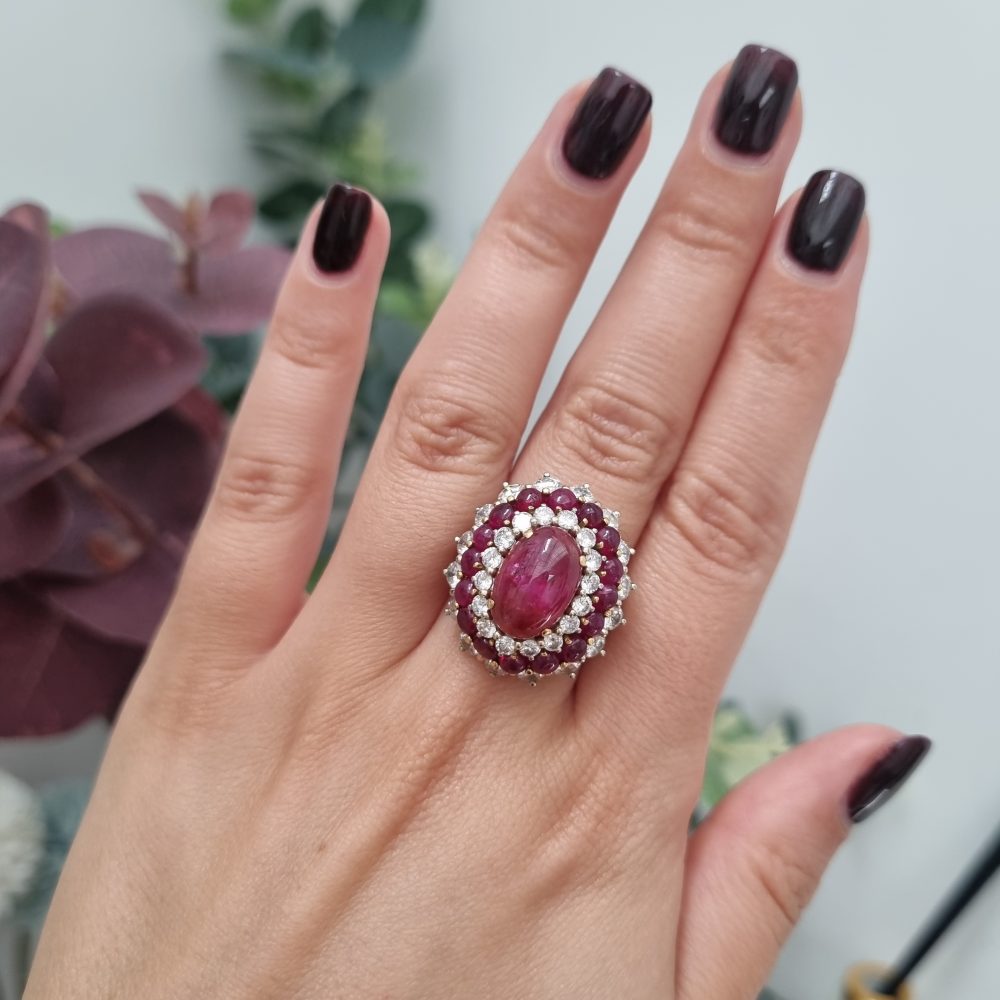 Cabochon Ruby and Diamond Cluster Cocktail Ring