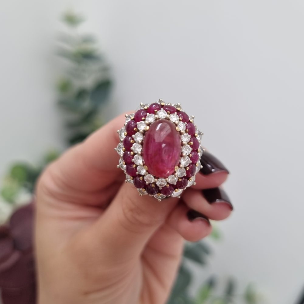 Cabochon Ruby and Diamond Cluster Cocktail Ring