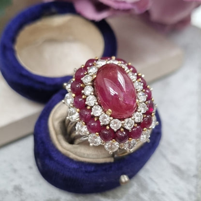 Cabochon Ruby and Diamond Cluster Cocktail Ring