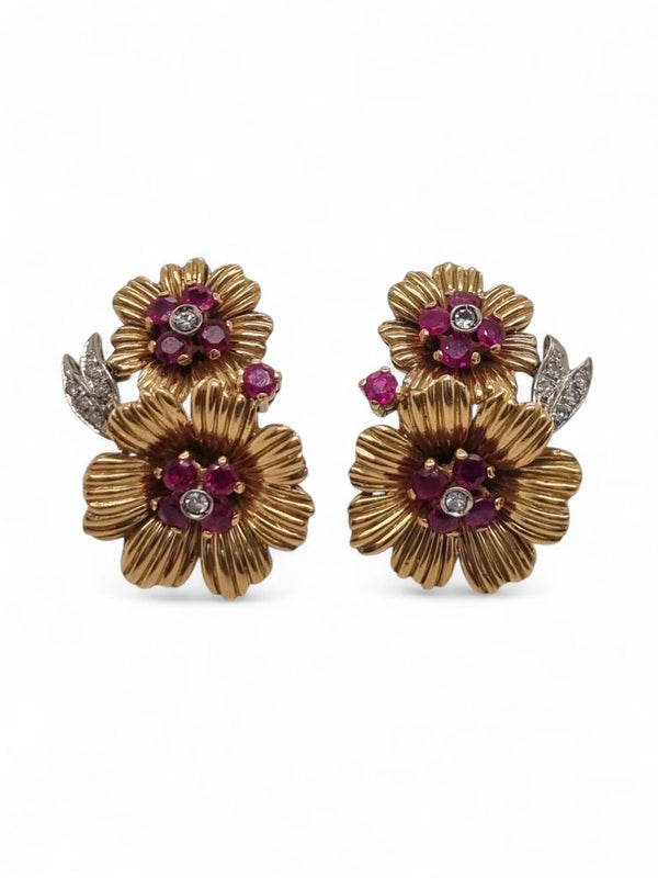 Ruby and Diamond Floral Clip-On Earrings in 18ct Gold