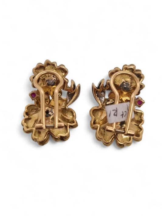 Ruby and Diamond Floral Clip-On Earrings in 18ct Gold