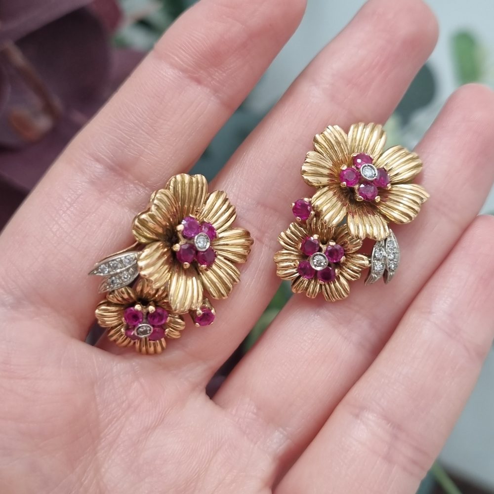 Ruby and Diamond Floral Clip-On Earrings in 18ct Gold