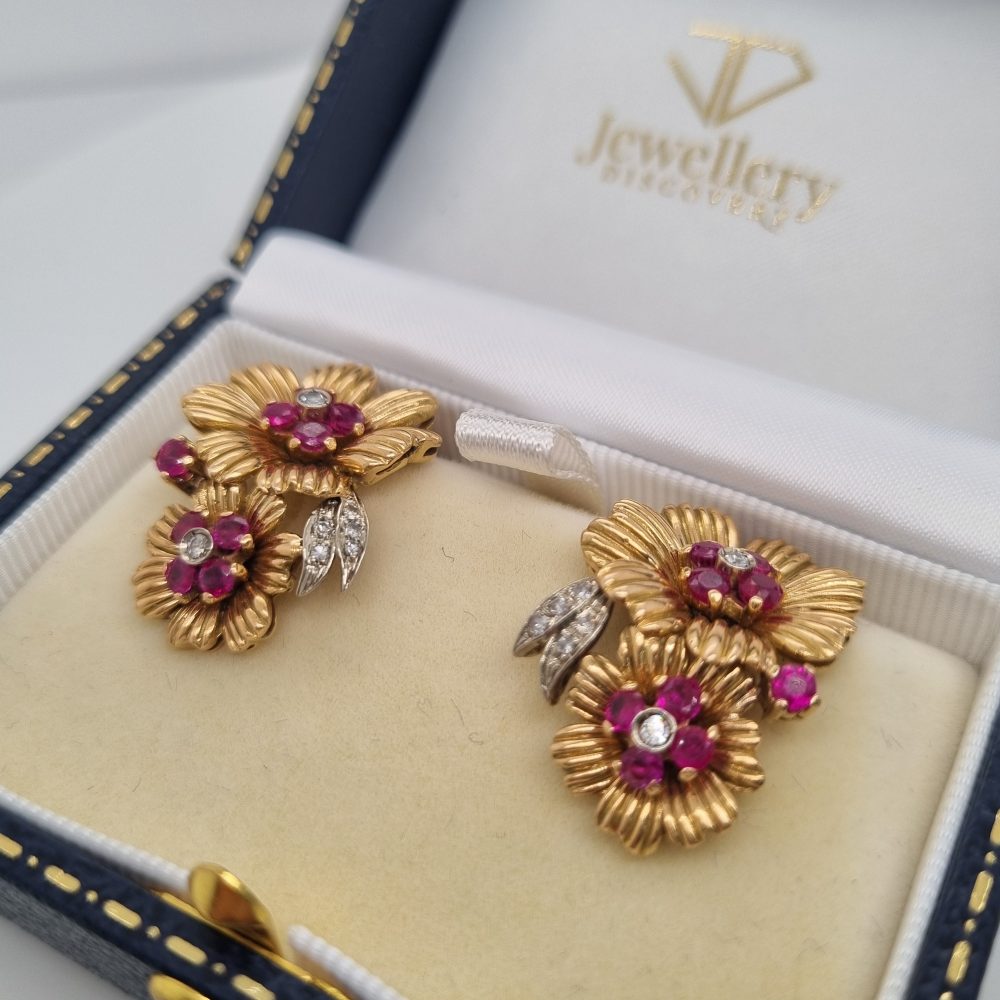 Ruby and Diamond Floral Clip-On Earrings in 18ct Gold