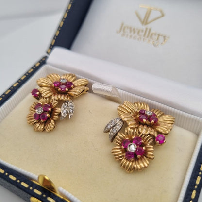 Ruby and Diamond Floral Clip-On Earrings in 18ct Gold