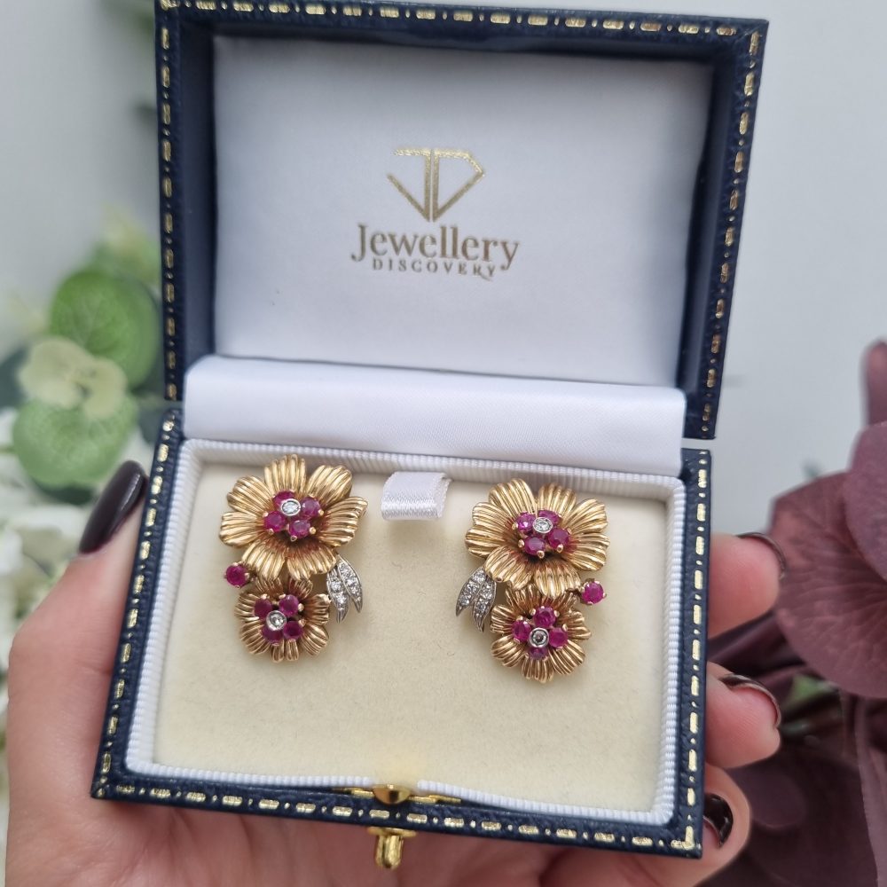 Ruby and Diamond Floral Clip-On Earrings in 18ct Gold