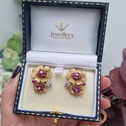 Ruby and Diamond Floral Clip-On Earrings in 18ct Gold