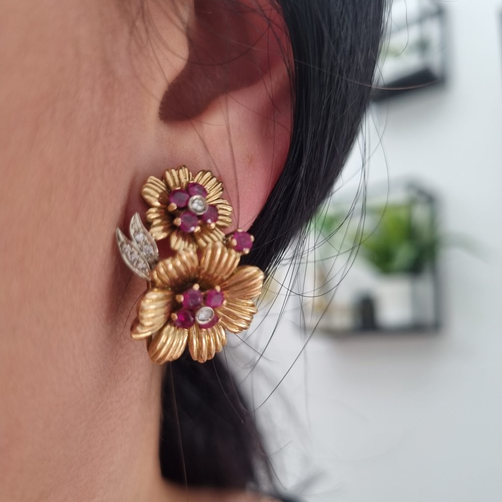 Ruby and Diamond Floral Clip-On Earrings in 18ct Gold