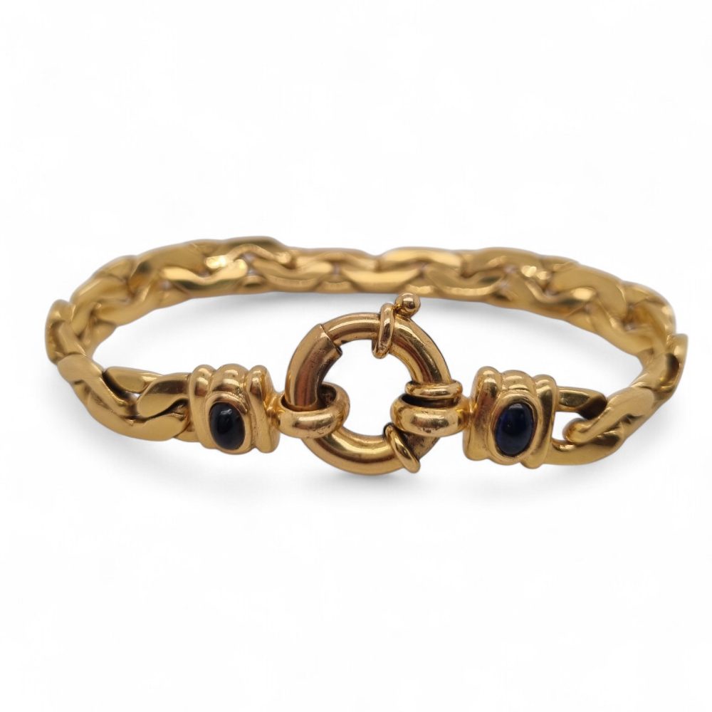 Vintage 18ct Yellow Gold Curb Link Chain Bracelet with Sapphire Set Clasp