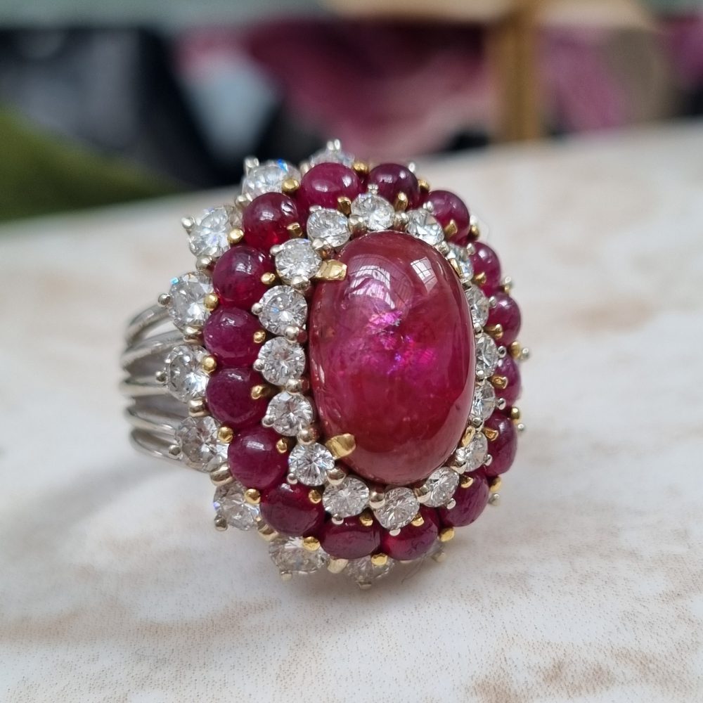 Cabochon Ruby and Diamond Cluster Cocktail Ring