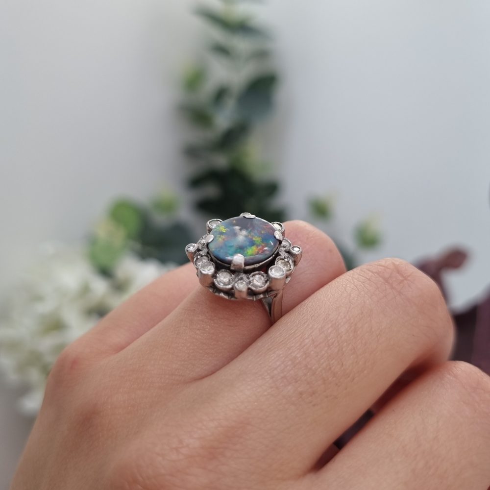 Vintage Black Opal and Diamond Cluster Ring in Platinum