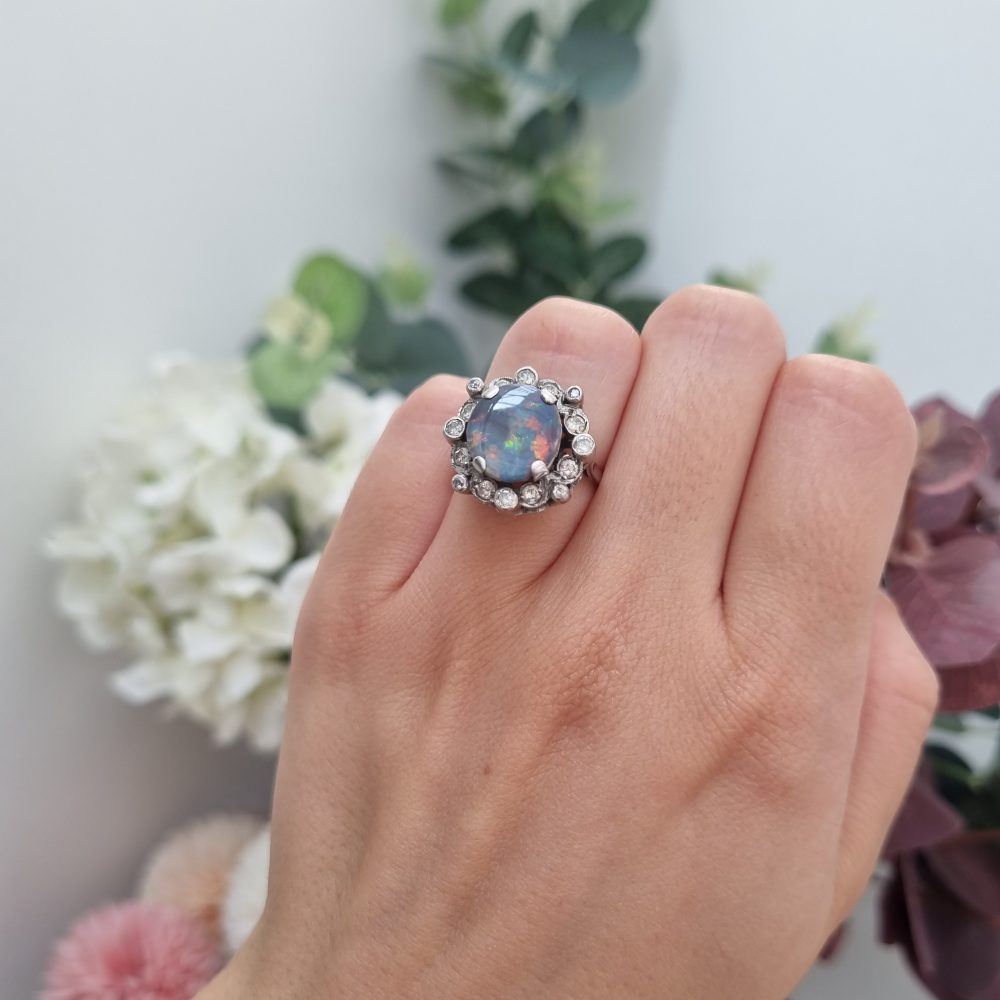 Vintage Black Opal and Diamond Cluster Ring in Platinum