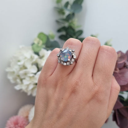 Vintage Black Opal and Diamond Cluster Ring in Platinum