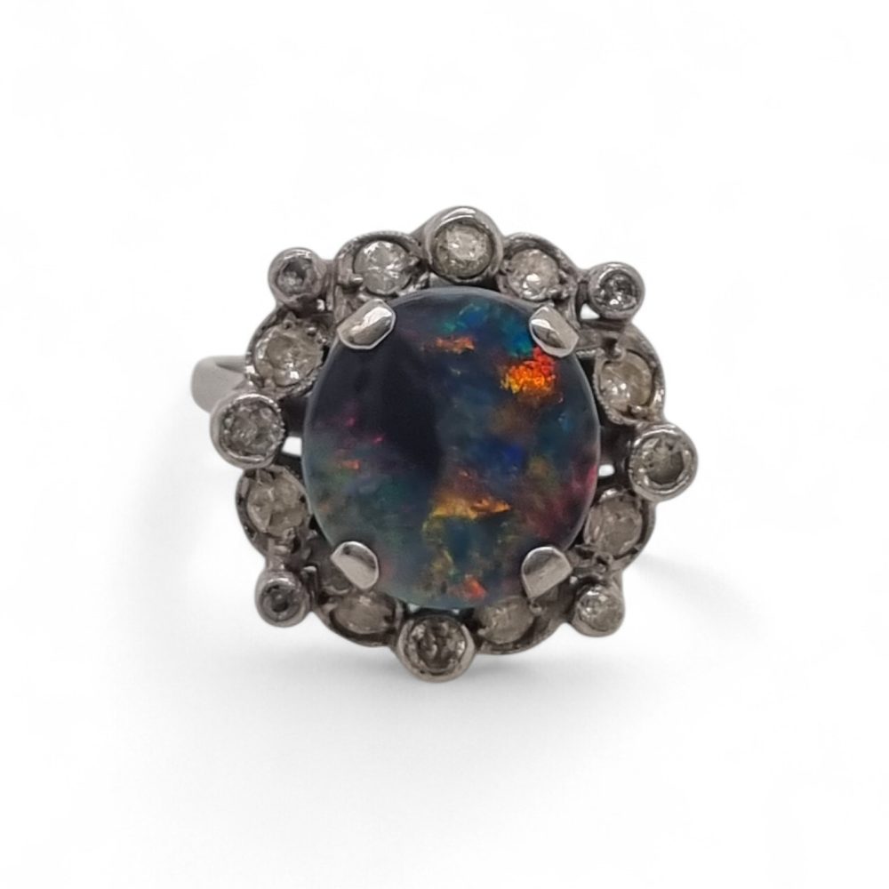 Vintage Black Opal and Diamond Cluster Ring in Platinum