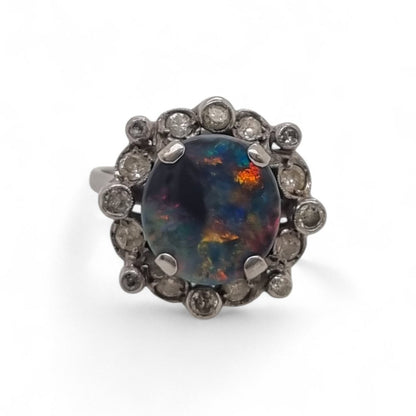 Vintage Black Opal and Diamond Cluster Ring in Platinum