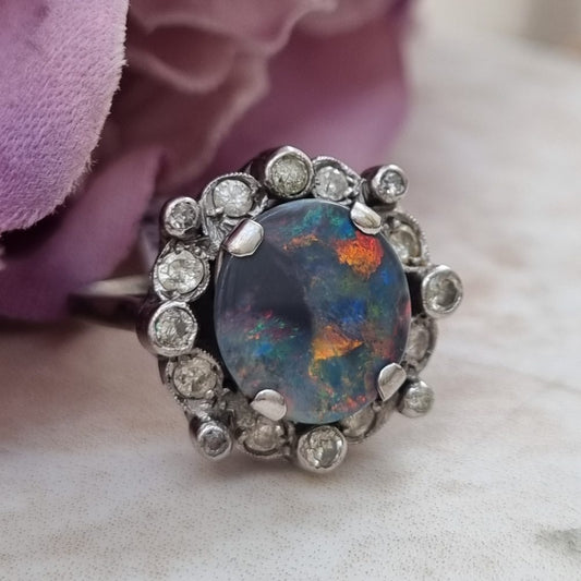 Vintage Black Opal and Diamond Cluster Ring in Platinum