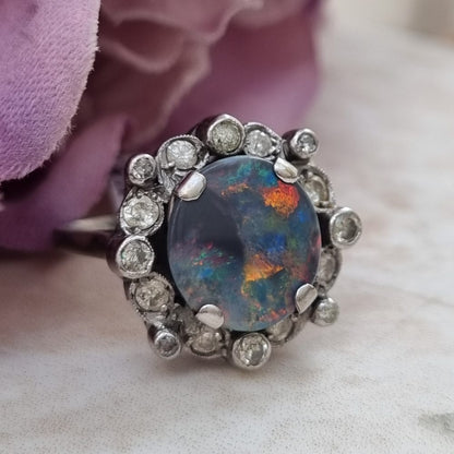 Vintage Black Opal and Diamond Cluster Ring in Platinum