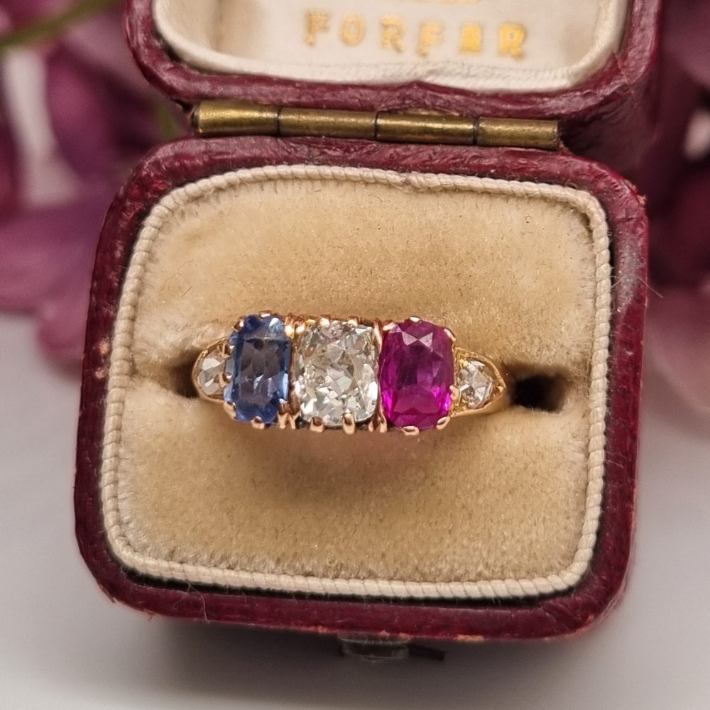 Antique Victorian Five Stone Ring with Ruby, Diamond and Sapphire