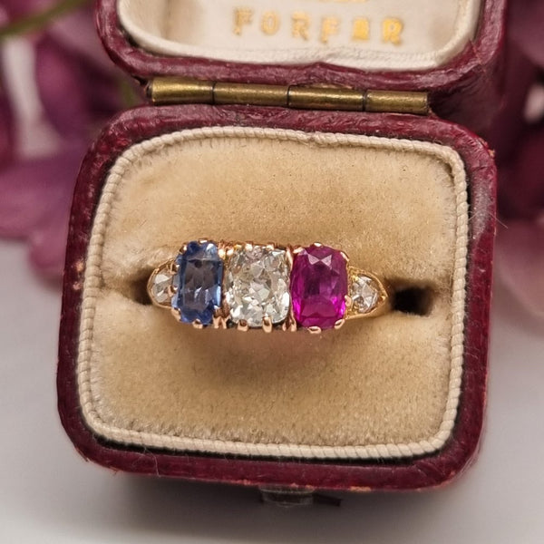Antique Victorian Five Stone Ring with Ruby, Diamond and Sapphire