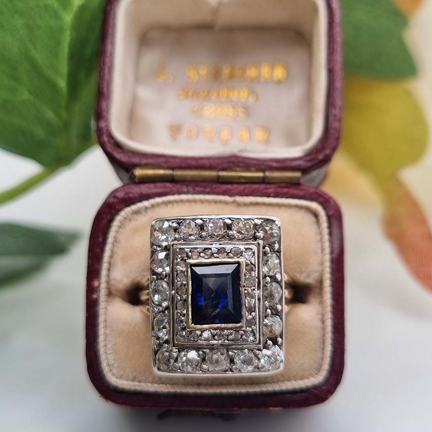 Vintage Sapphire and Diamond Cluster Plaque Ring