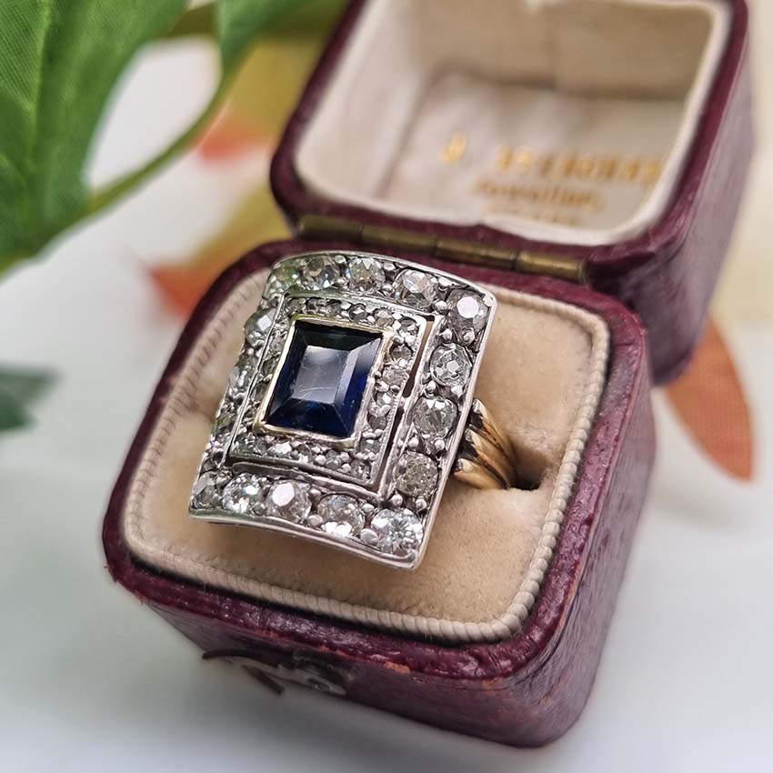 Vintage Sapphire and Diamond Cluster Plaque Ring