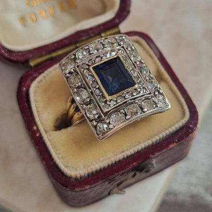 Vintage Sapphire and Diamond Cluster Plaque Ring